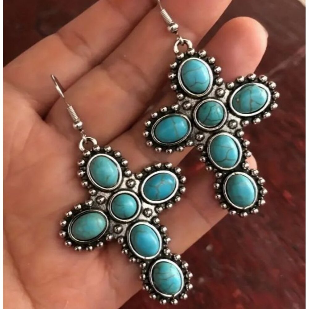 Turquoise Cross Dangle Earrings With Silver‎ Accents NEW